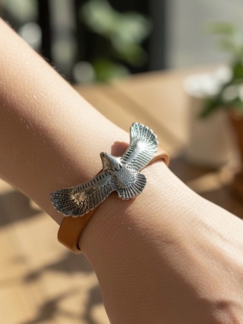 Unisex Silver Eagle Leather Wrap Bracelet - adjustable